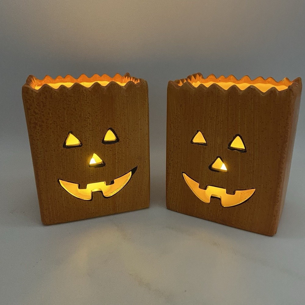 Halloween Jack-O-Lantern Ceramic‎ Paper Bag Rustic Farm Candle Holders Set Of 2